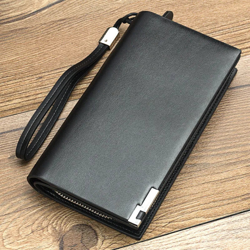 Men's black PU leather multifunctional zipper wallet open to show compartments