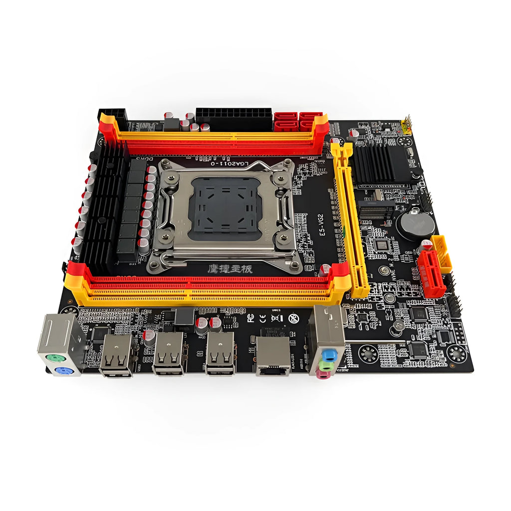 X79-VG2 desktop ATX motherboard showing LGA 2011 socket, PCIe 16X slot, DDR3 slots, and M.2/SATA connectors.