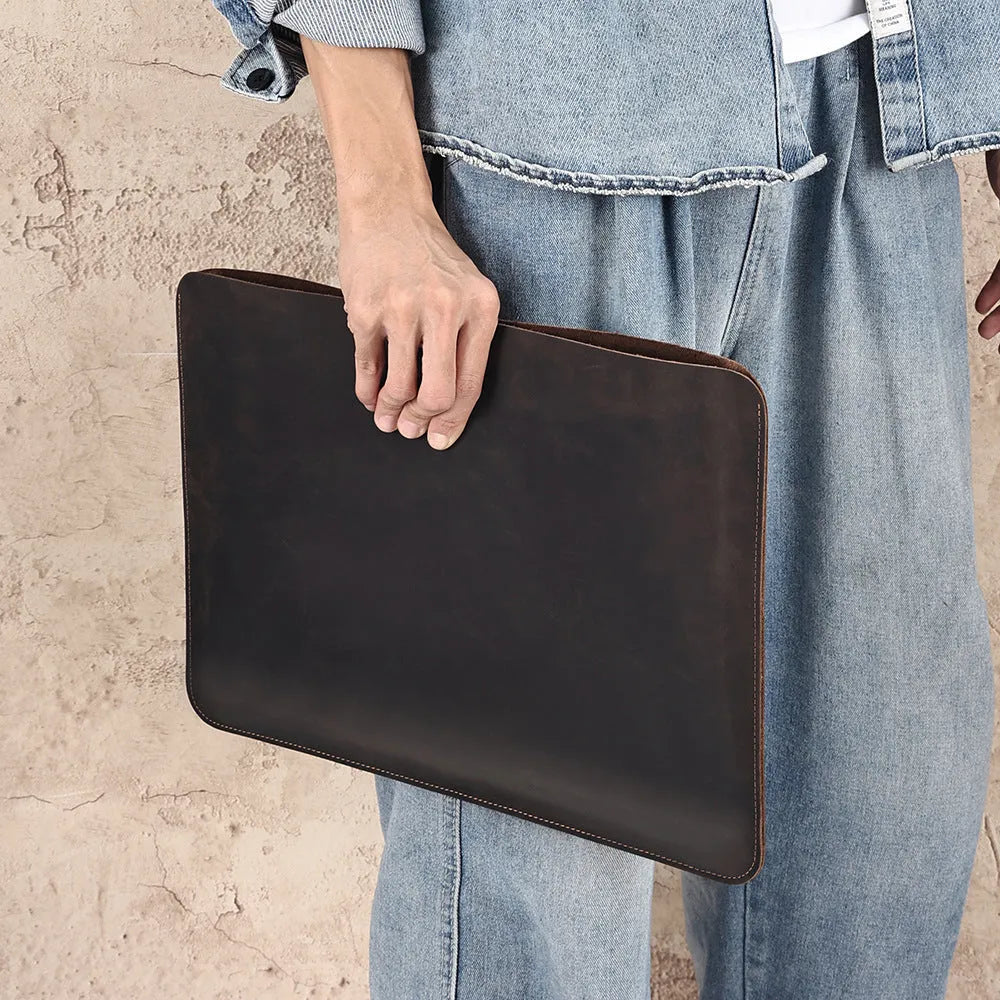Men's brown genuine leather horizontal laptop bag with multiple compartments