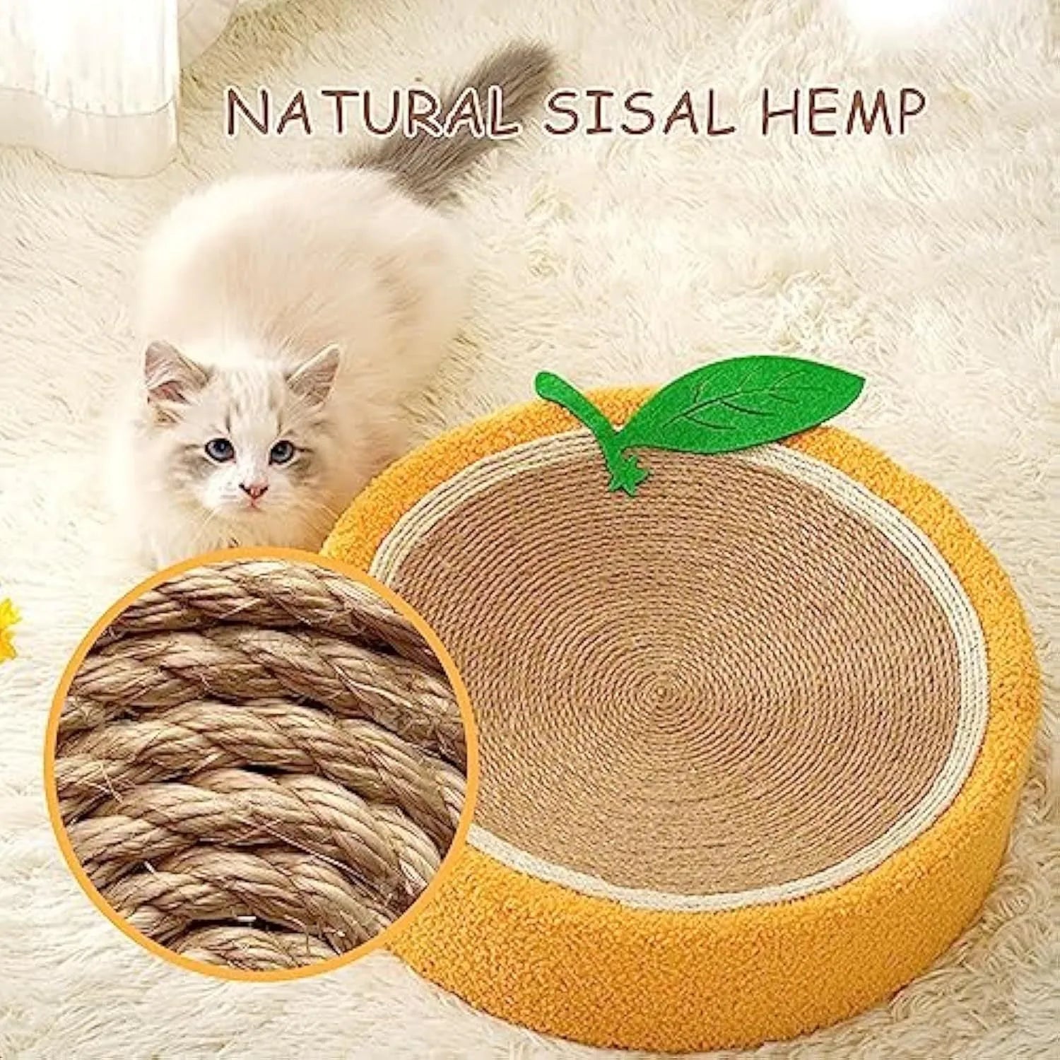 Yellow round sisal cat scratching board with concave centre, dimensions 390mm.