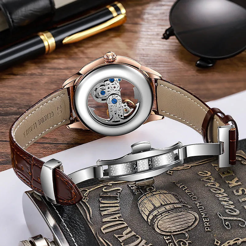 Men's mechanical business watch with transparent case back showing movement, available with leather or steel strap