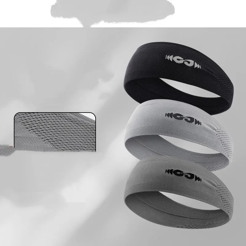 Seamless knitted sport headband for men and women in black, shown worn during exercise.