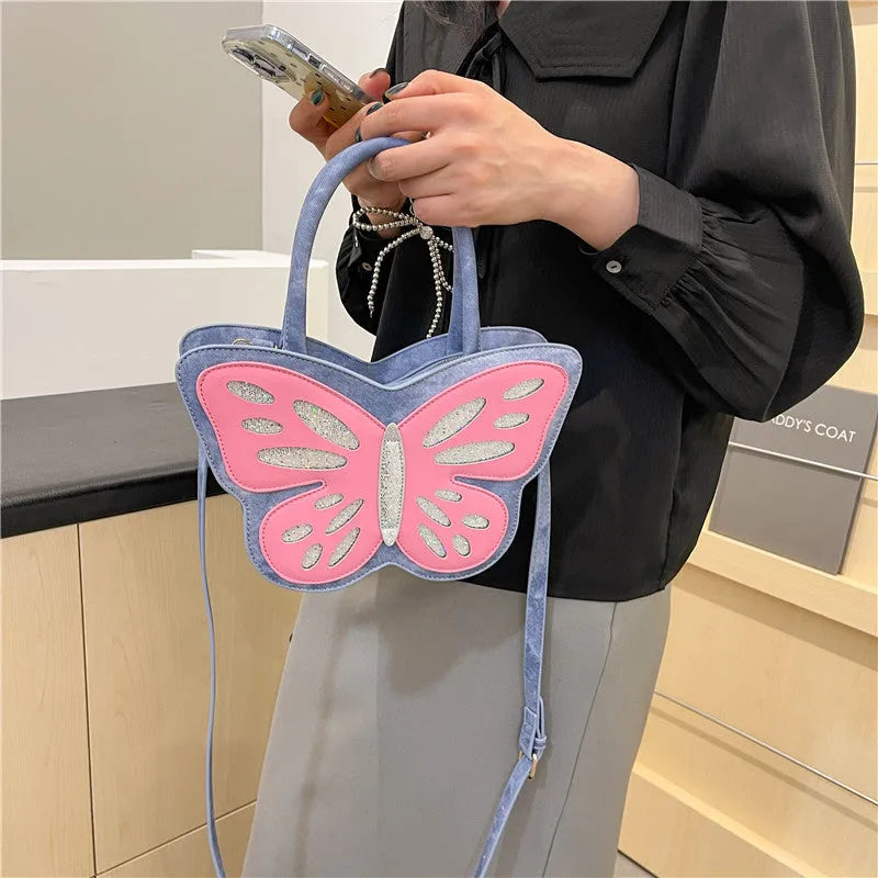 Women's square crossbody bag in PU leather showing black, blue, pink and white colour options with 27cm width