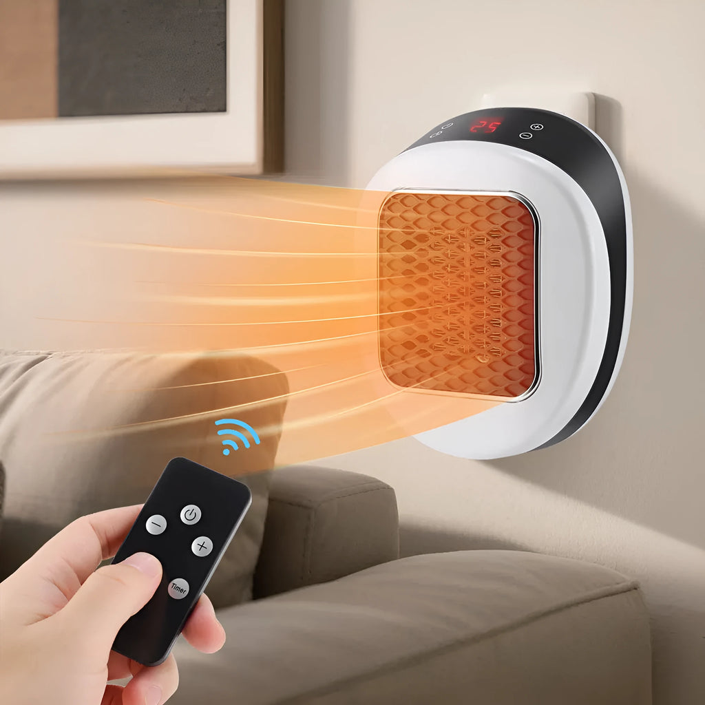 White ceramic electric heater with remote control on a table.