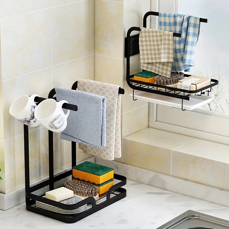 Foldable plastic kitchen rack for wall mounting or table top rag draining storage