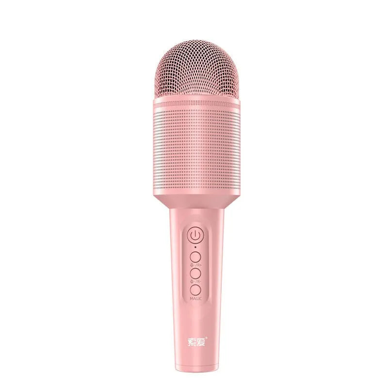 Wireless Bluetooth karaoke microphone in pink, blue, and green colour options.