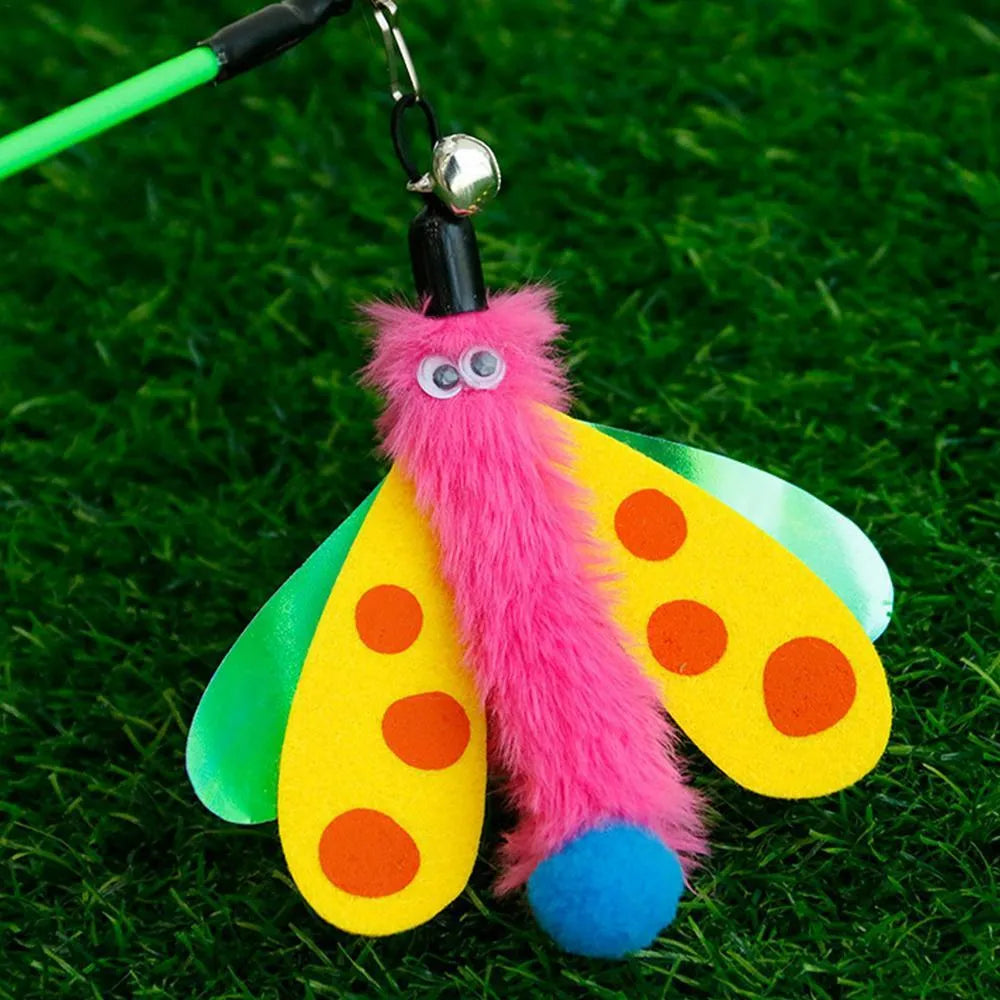 Cat wand toy with bell and dragonfly attachment in green, ABS stick 49cm long, on a light background