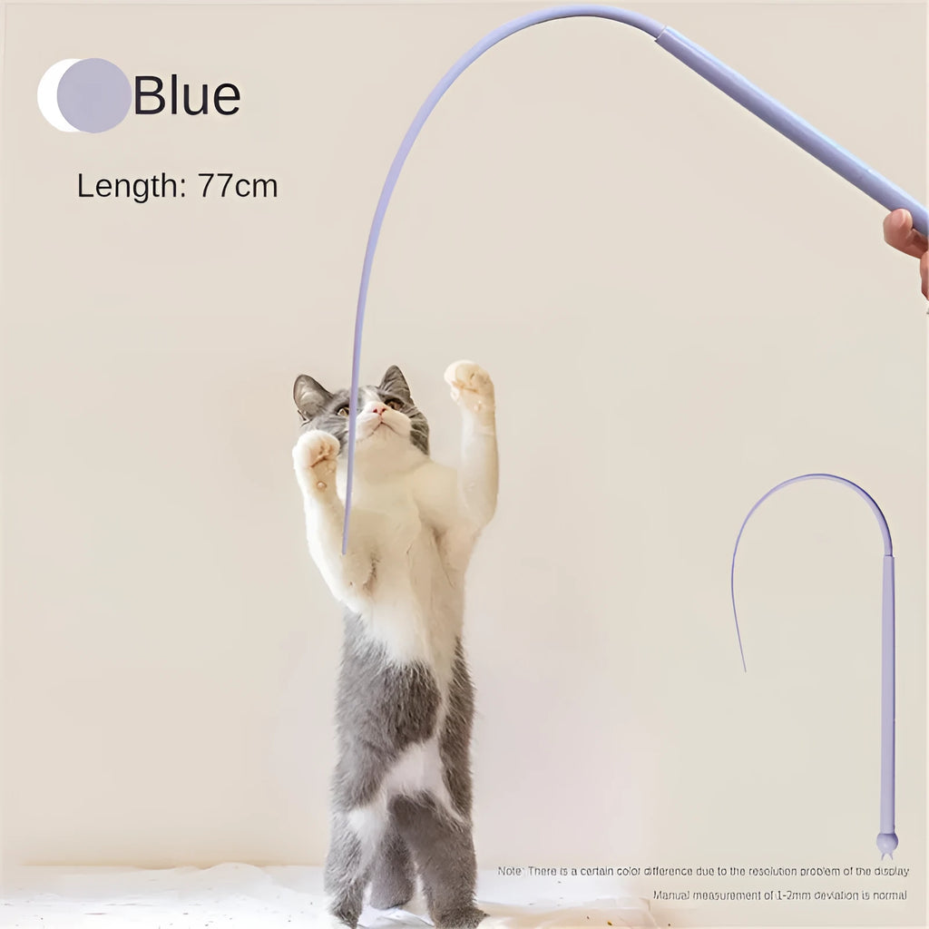 Blue silicone mouse tail cat toy stick measuring 80cm long with cat head design