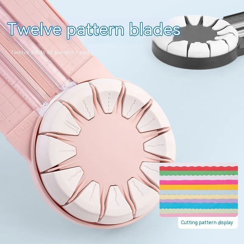 Pink and black plastic paper cutting machine with dotted guides and 12 cutting functions