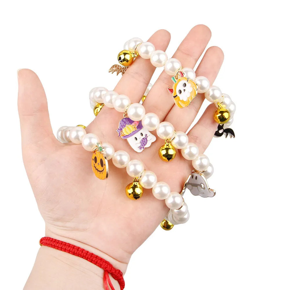 Halloween cat collar decoration with simulated pearl beads in pumpkin designs