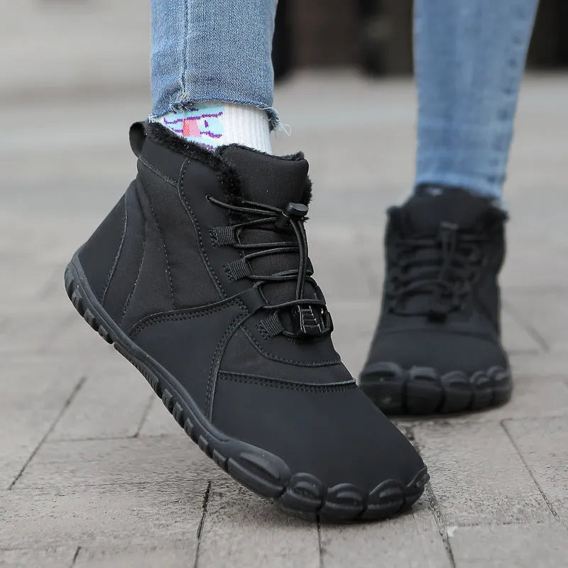 Unisex black waterproof snow boots with lace-up front and non-slip rubber sole