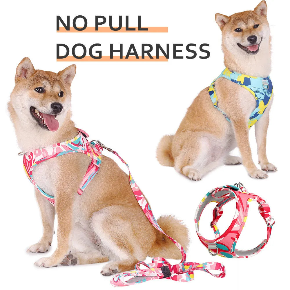 Printed breathable polyester pet harness suit in red flower camouflage with matching traction rope for small dogs