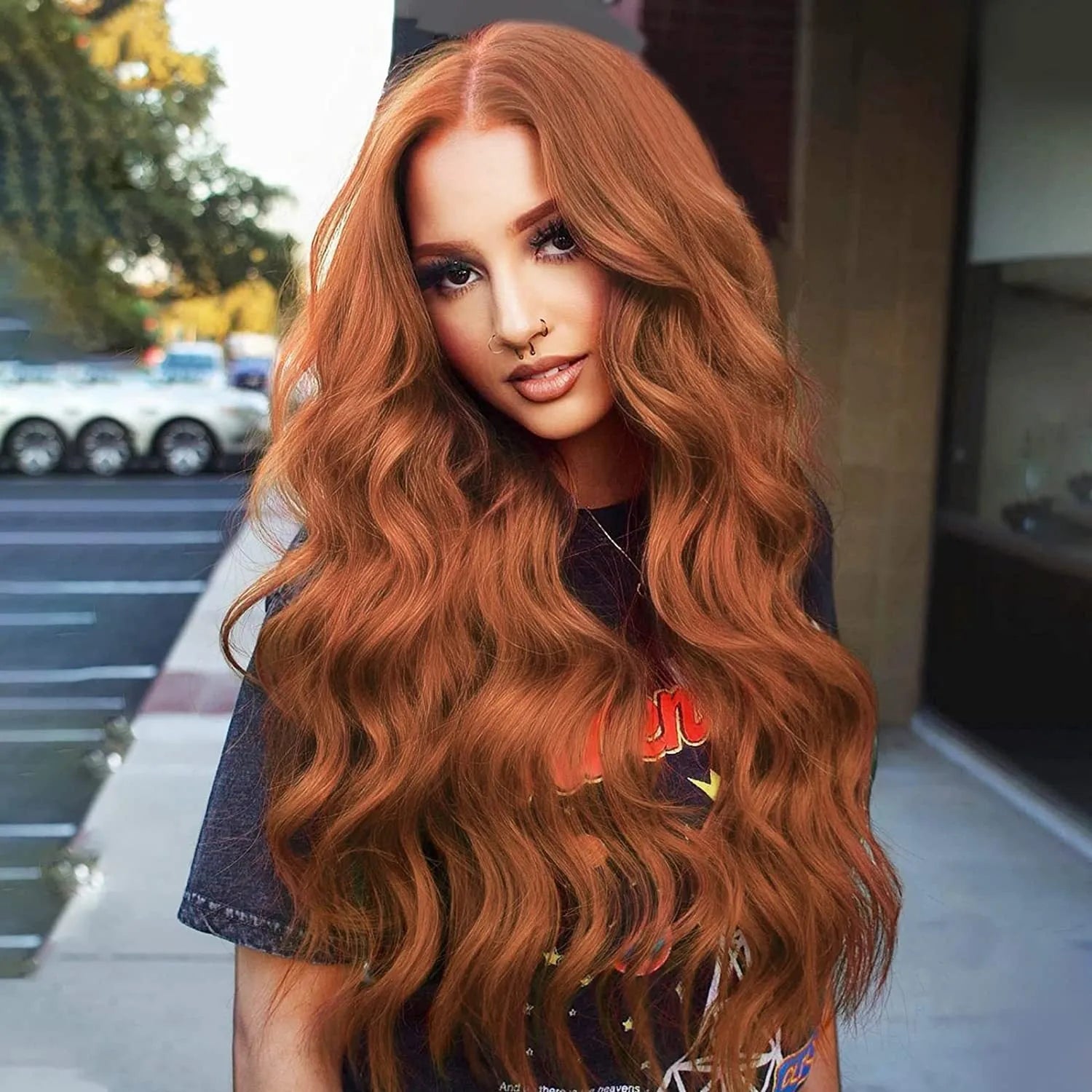 European American front lace wig with medium large wavelength curly hair and long bangs for ladies