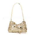 Women's soft polyester crossbody shoulder bag in gold, silver, or black with sewing thread detail