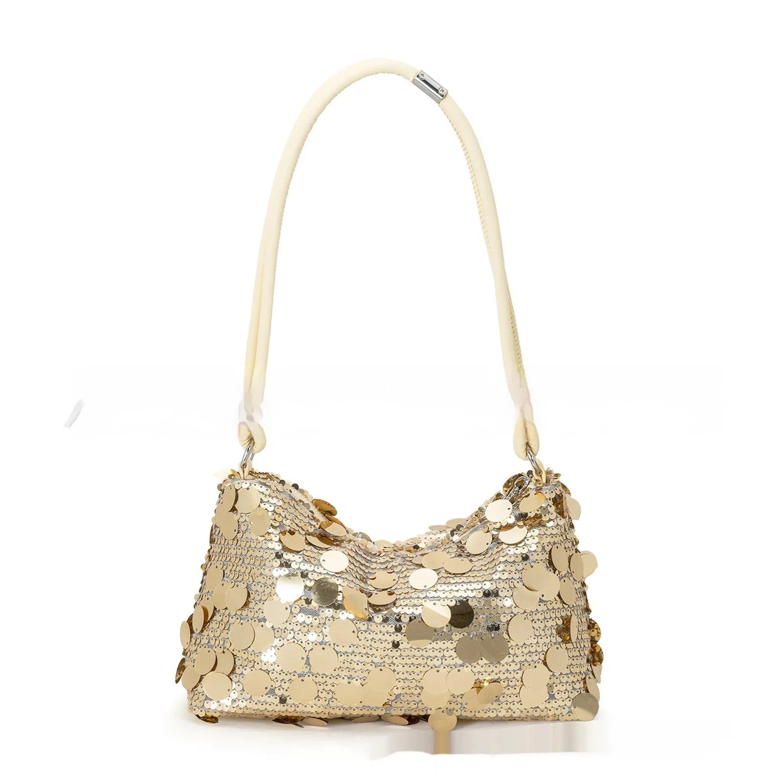 Women's soft polyester crossbody shoulder bag in gold, silver, or black with sewing thread detail