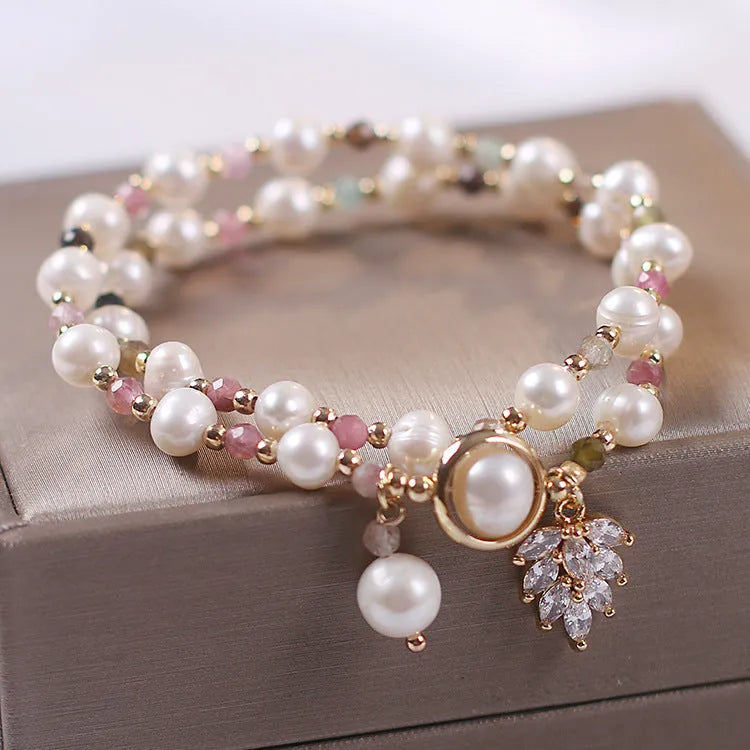 Double-layer crystal bracelet with Lucky Cat charm in Red Cat's Eye Flowers colour