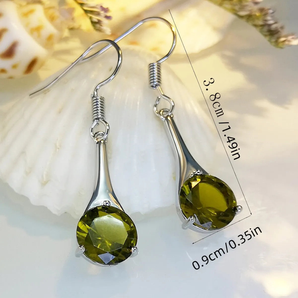 Olive green topaz drop earrings with water drop shape and retro style