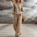 Women's retro casual light brown leopard print long sleeve slim fit sweatsuit set with top and pants