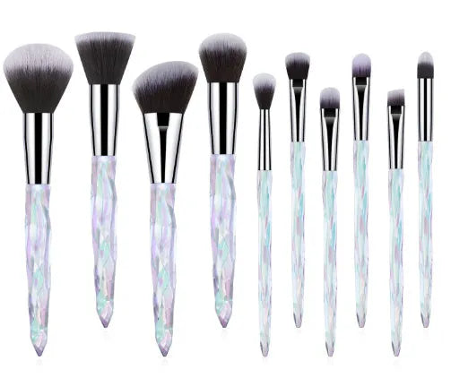 10 clear crystal diamond shank foundation brushes with artificial fibre bristles in choice of handle colours