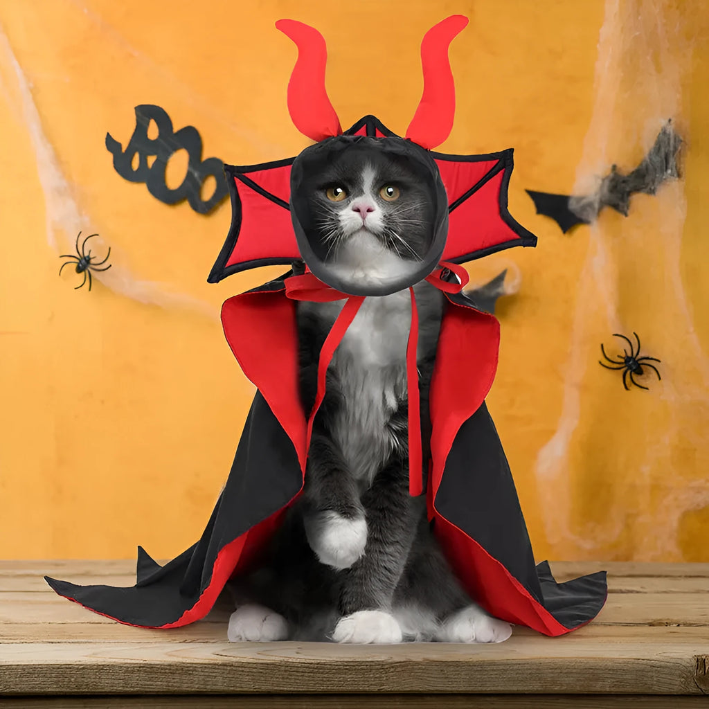 Pet vampire costume set with black polyester cloak and hat for dogs and cats