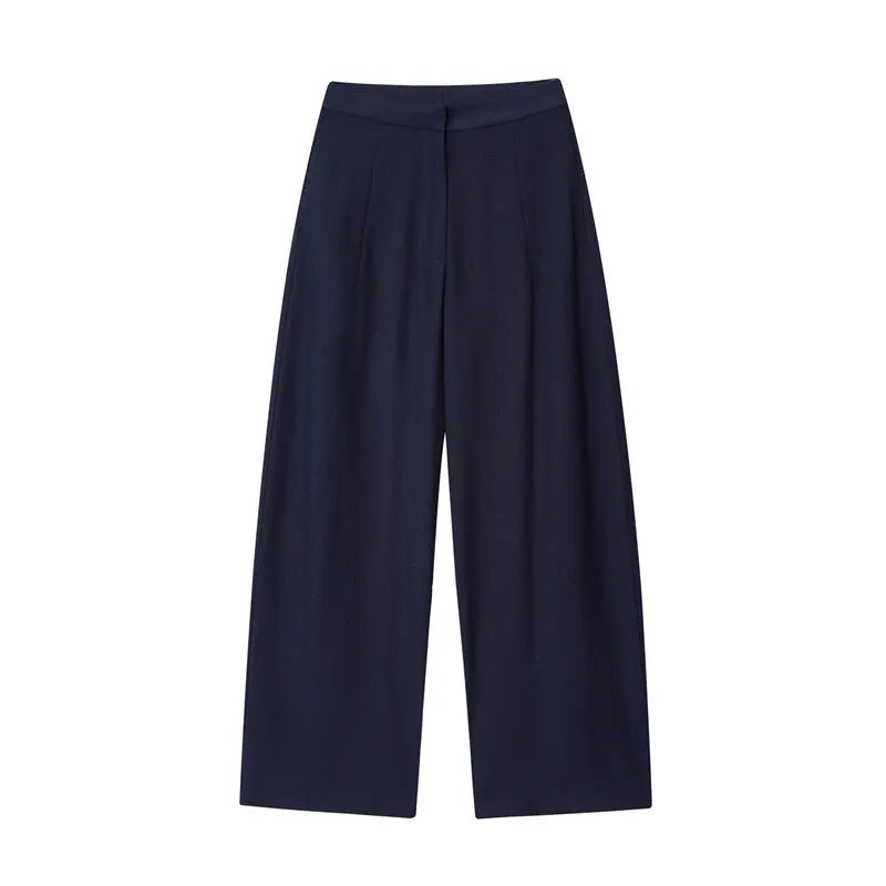Women's linen blend two-piece set with off-neck top and wide-leg trousers in temperament commute style
