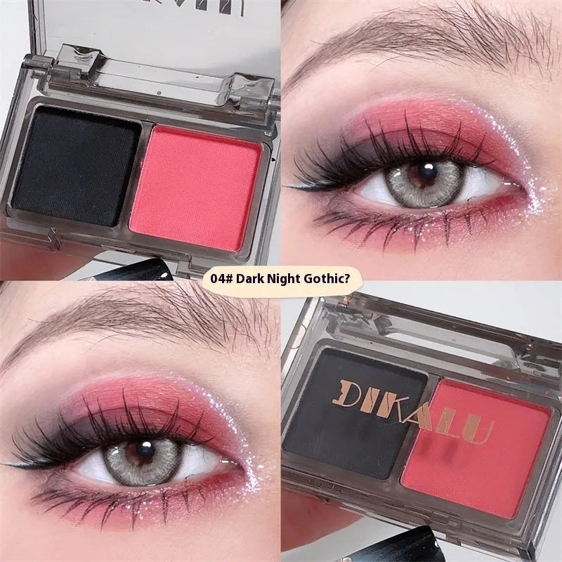 DIKALU two-tone eyeshadow palette open showing pink and black matte shimmer powder in one of five colour combinations.