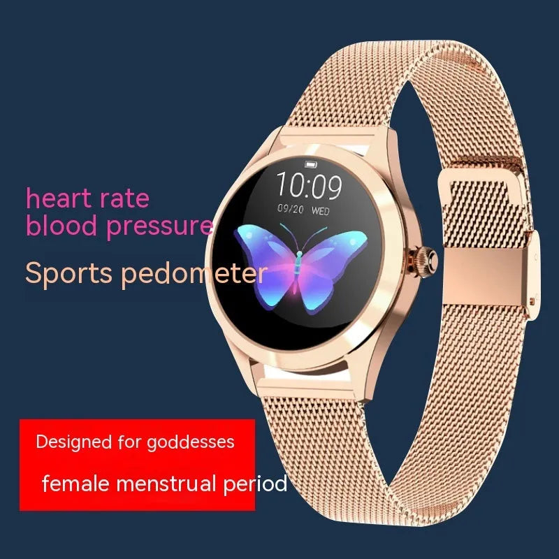 Women's multi-functional sports smartwatch showing heart rate monitoring, available in black, rose gold, silver, or white