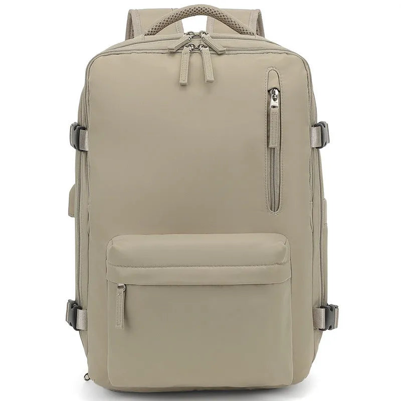 Front view of large capacity waterproof Oxford cloth backpack in solid colour with curved shoulder strap