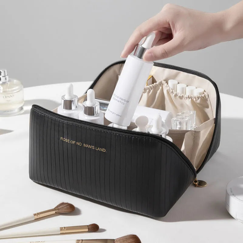 Vertical pattern pillow makeup bag in cubic shape with dimensions 22.5cm x 12.5cm x 12.5cm