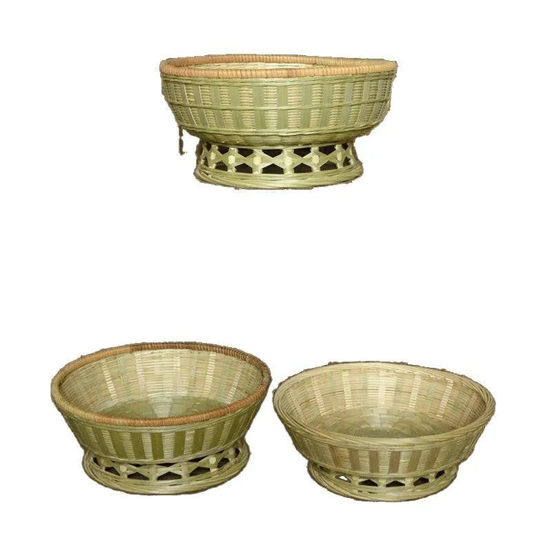 Handwoven natural bamboo storage basket showing three size variations