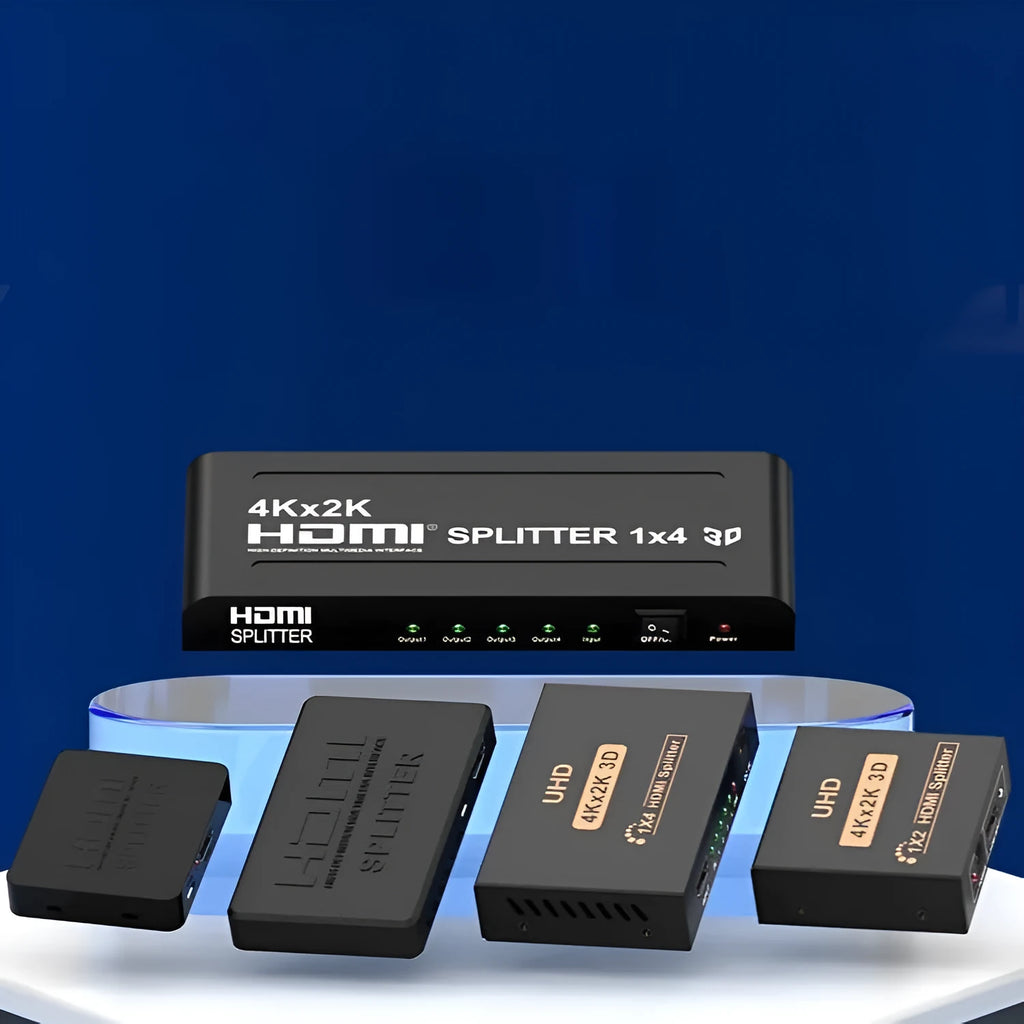 HDMI splitter device with one input and two output ports, USB power cable, and international plug adapters.