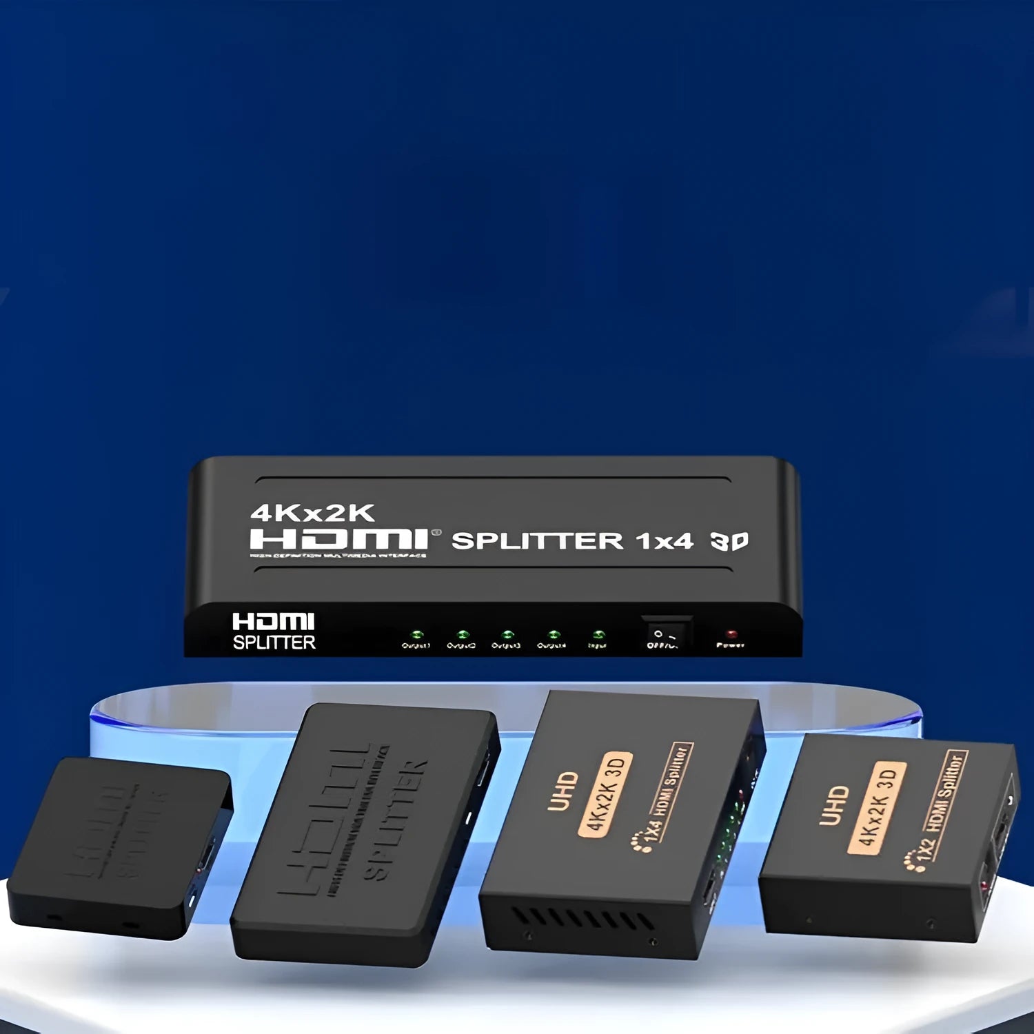 HDMI splitter device with one input and two output ports, USB power cable, and international plug adapters.