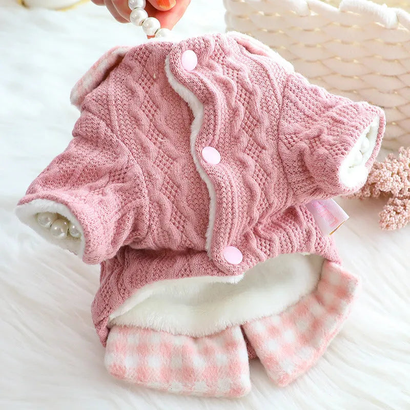 Wool plaid fake two pieces dog sweater in blue with fleece lining for small to large dogs