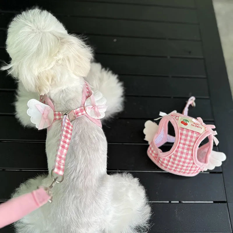 Cotton chest-back dog harness with hand holding rope for small dogs in pink colour