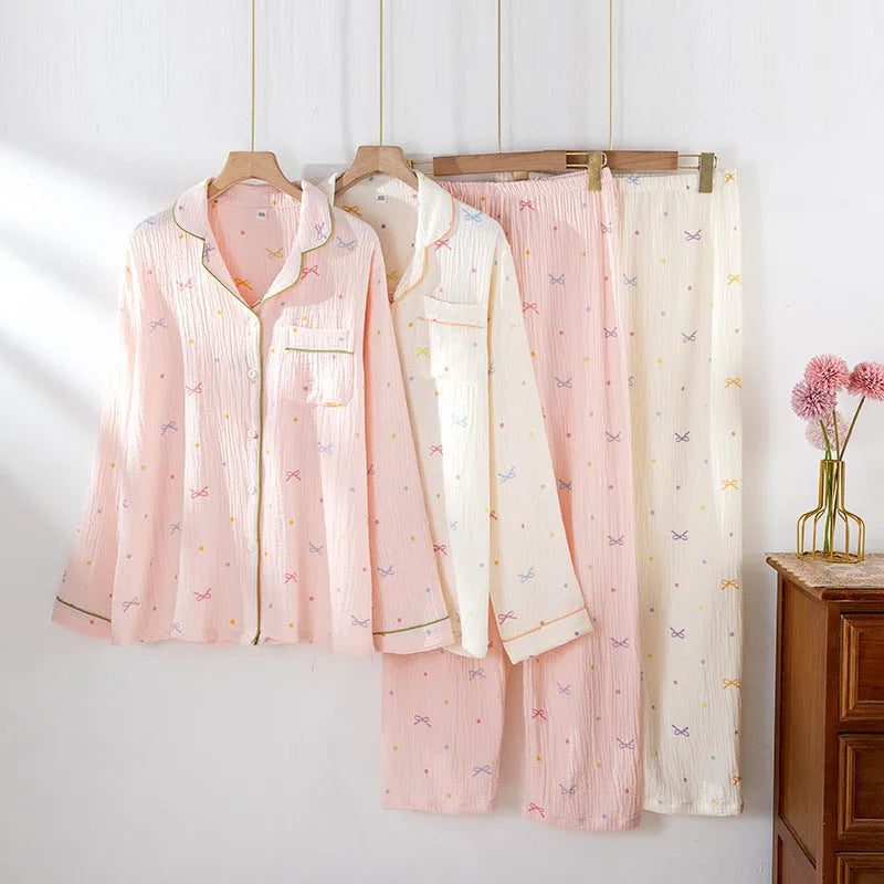Women's cotton crepe pajama set in pink with long sleeves and trouser-length pants