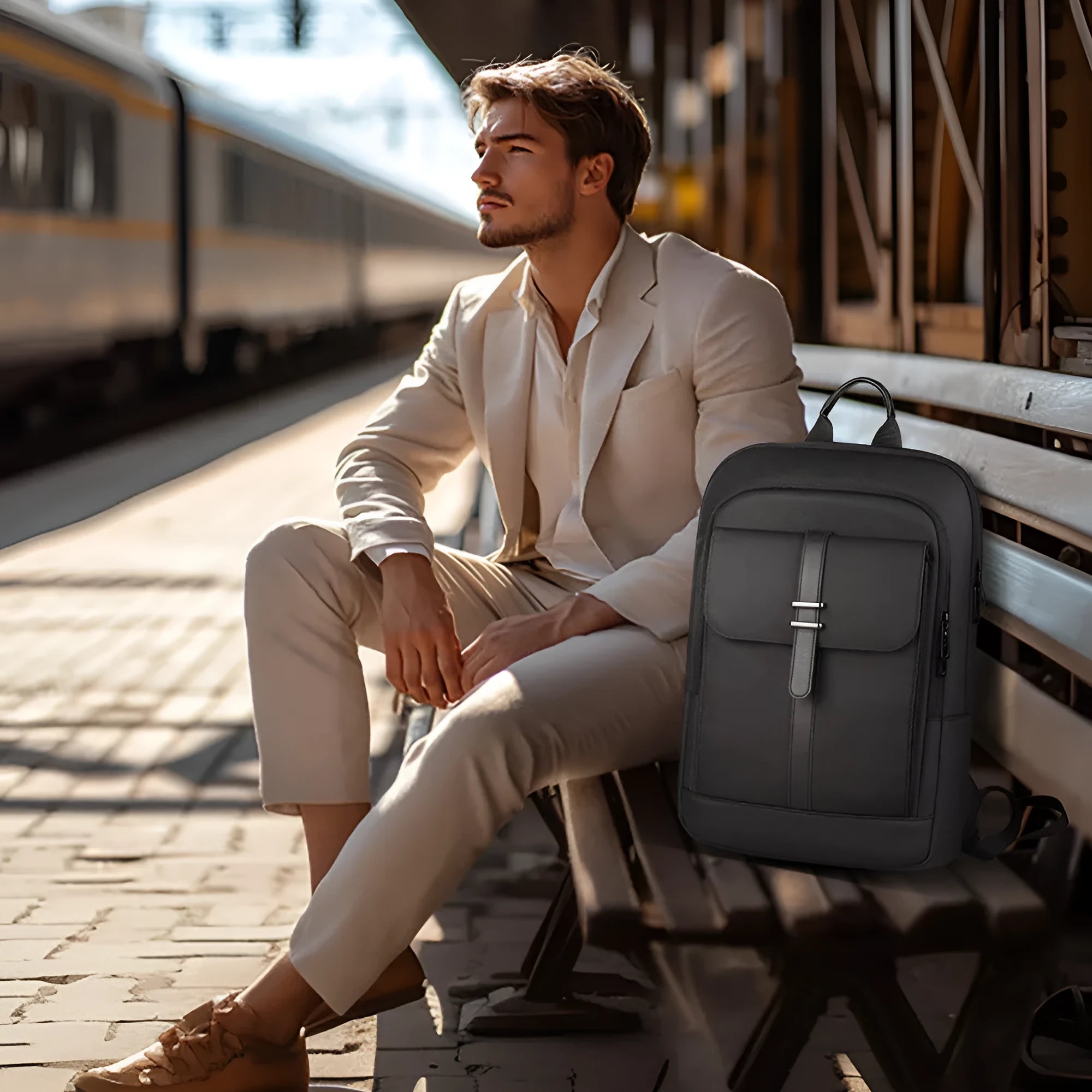 Black Oxford cloth men's backpack with sewing line detailing for daily commute