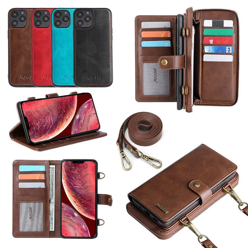 Leather-style flip phone case with detachable magnetic wallet backpack in black, blue, brown, or red