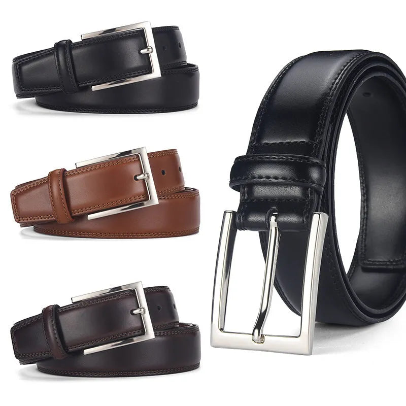 Men's black genuine leather belt with a silver alloy pin buckle on a trouser waistband