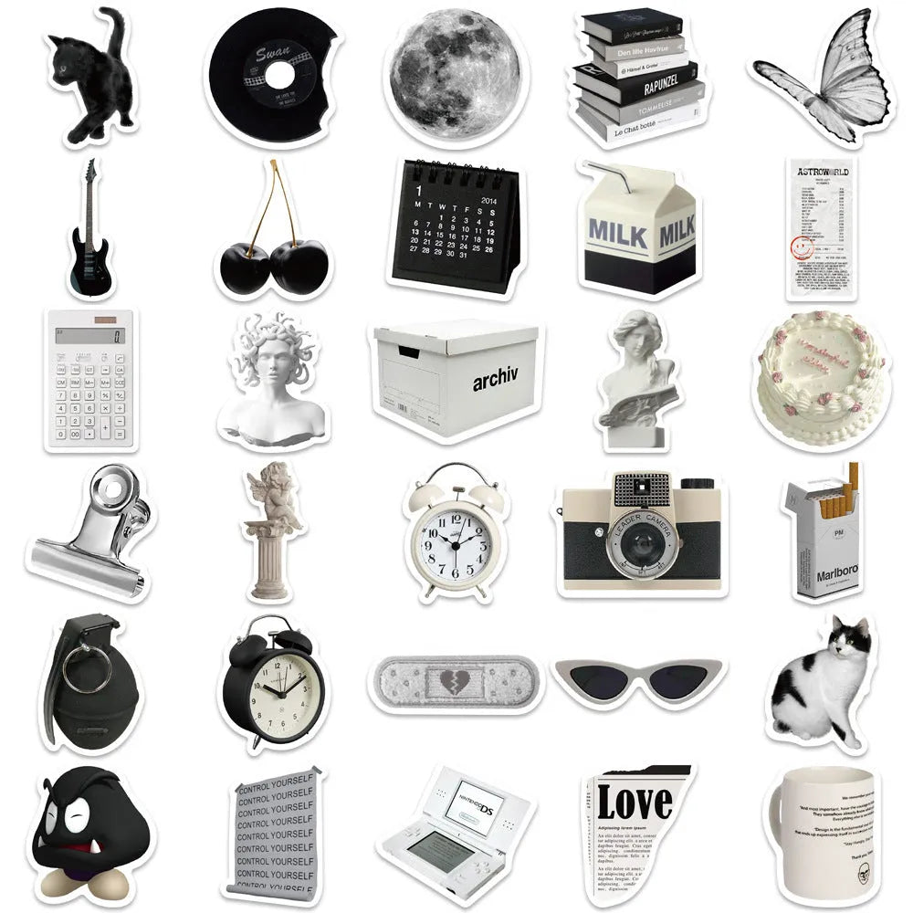 61 black and white PVC waterproof stickers for laptops, phones and multiple surfaces