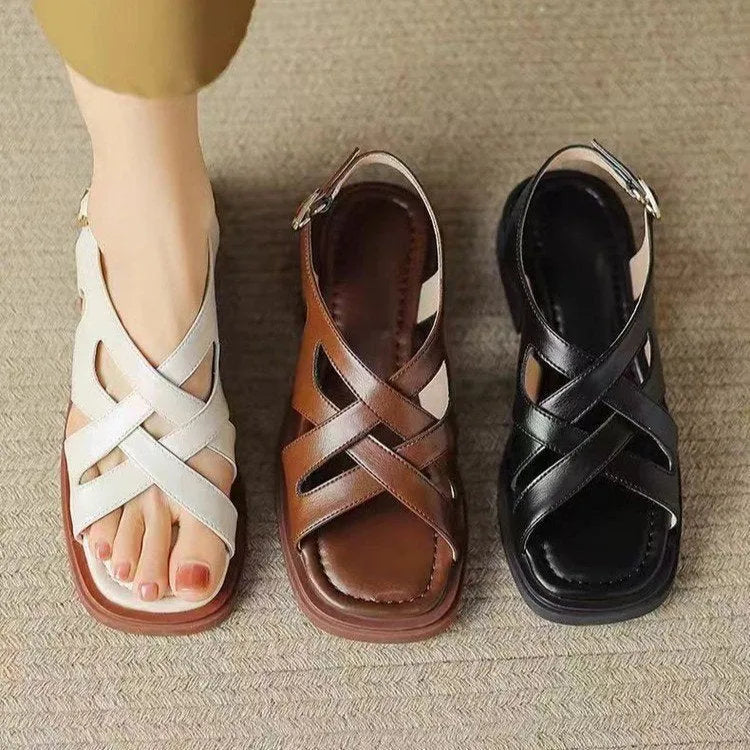 Women's glossy patent leather beach sandals with square toe and cross-strap design in three colour options