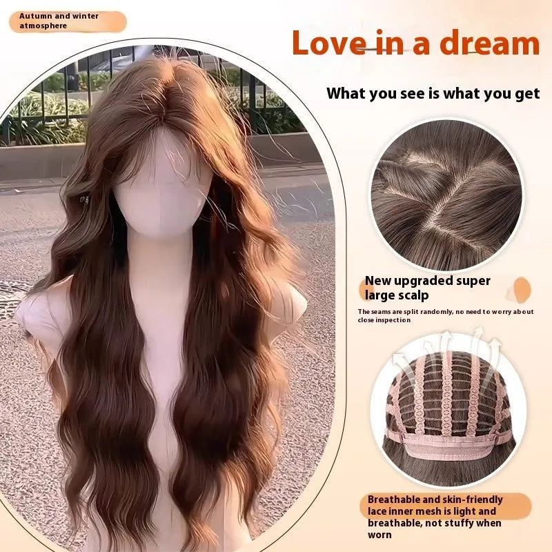 Female full-head wig with natural long curly hair and side bangs in high temperature fibre, Brown Black colour