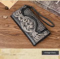 Brown genuine leather women's tri-fold wallet with embossed floral pattern showing interior compartments