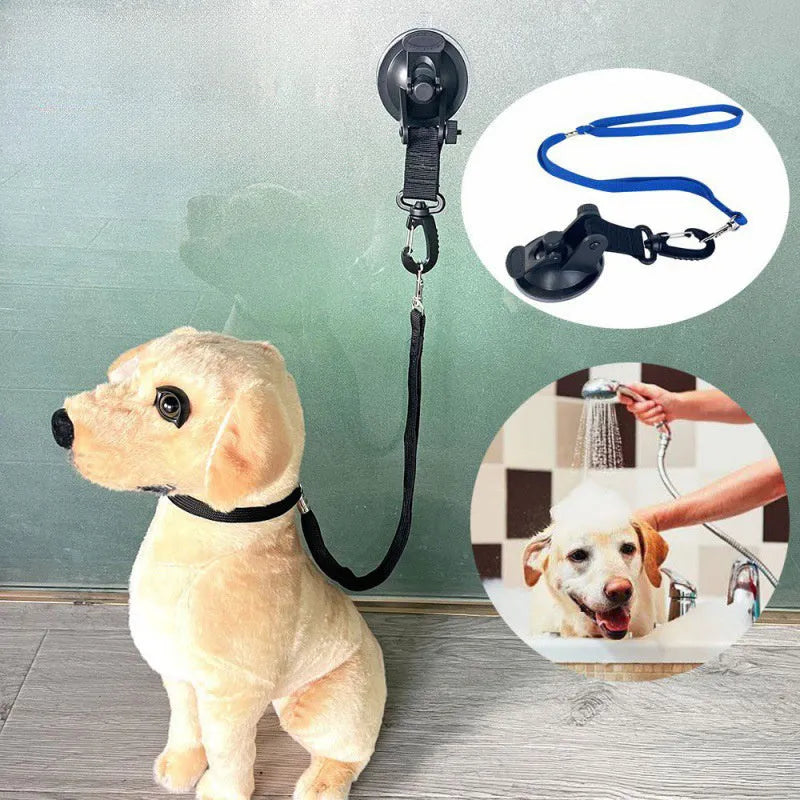 Pet bathing restraint with suction cup handcuffs and adjustable traction rope in black colour