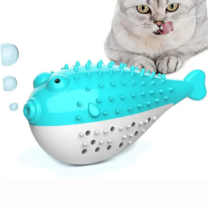 Silicone fish chew toy for cats with textured teeth cleaning surfaces and grabbing tail in four colour options