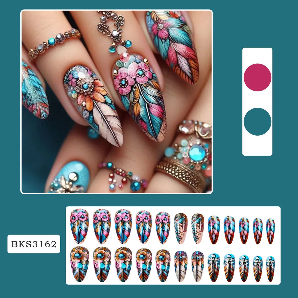 Retro colourful feather wear armour nail art set with jelly glue burnishing stick, plastic decorative pieces, for ladies.