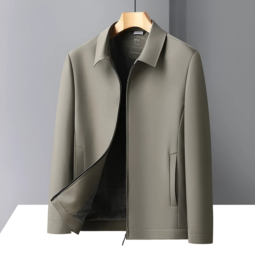 Men's solid colour casual polo collar jacket in khaki – loose fit with side seam pockets and polyester lining