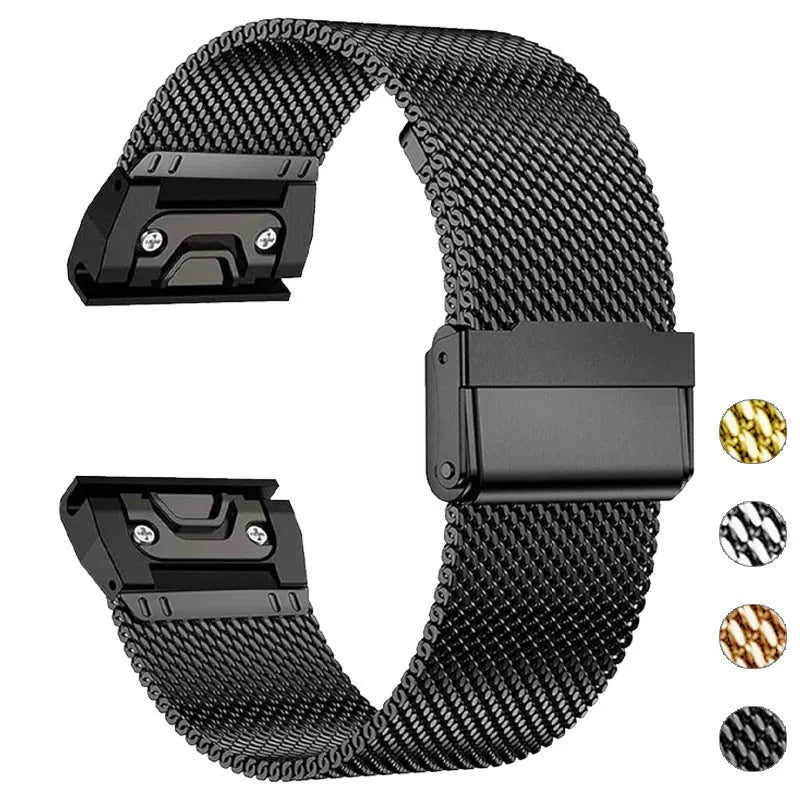 Stainless steel card strap for Garmin Fenix smartwatches in silver, black, gold, and rose gold colours