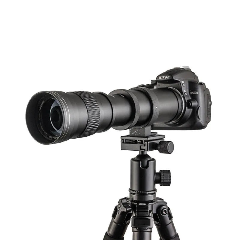 420-800mm manual telephoto zoom lens with T-mount, black barrel, 67mm filter thread, for DSLR cameras