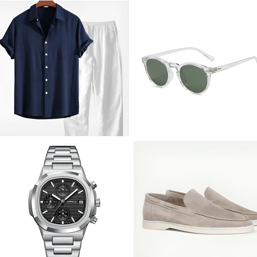 Man wearing a loose navy blue cotton linen short sleeve shirt and shorts beachwear set with glasses, shoes and watch.