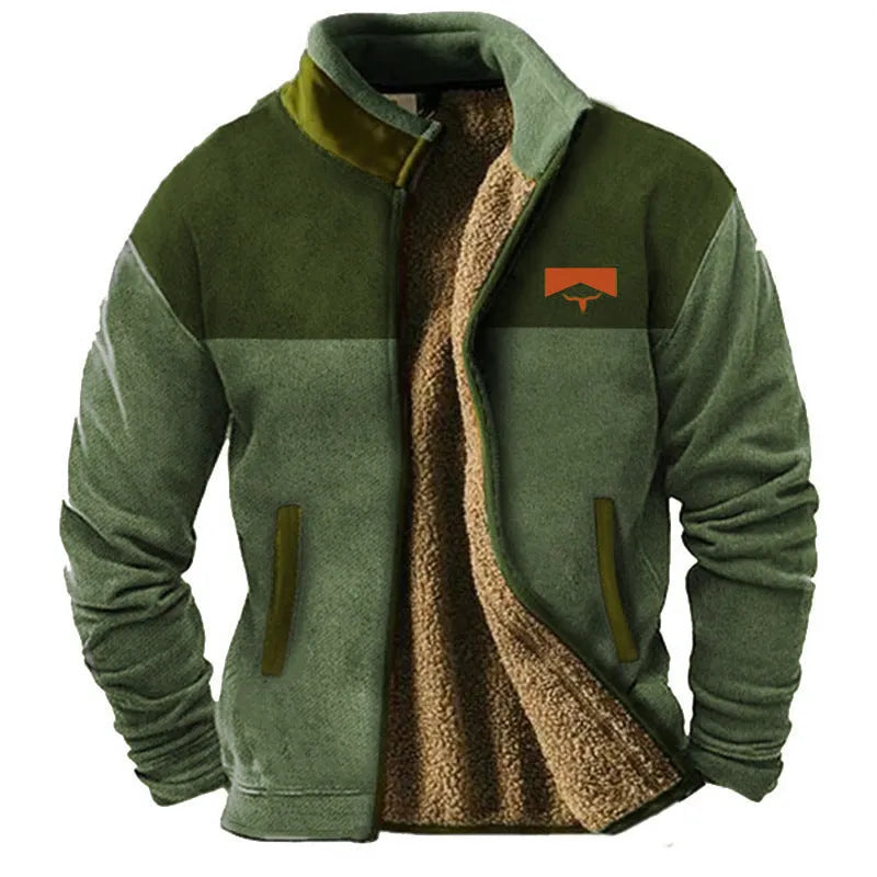 Men's green padded polyester coat with regular length and fleece lining on size chart